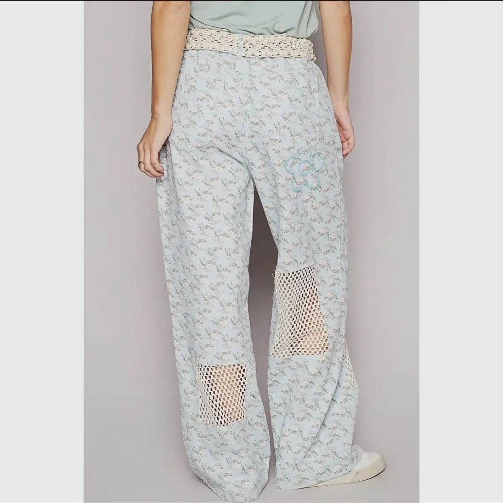 POL Light Blue Crochet Accent Wide-Leg Pants